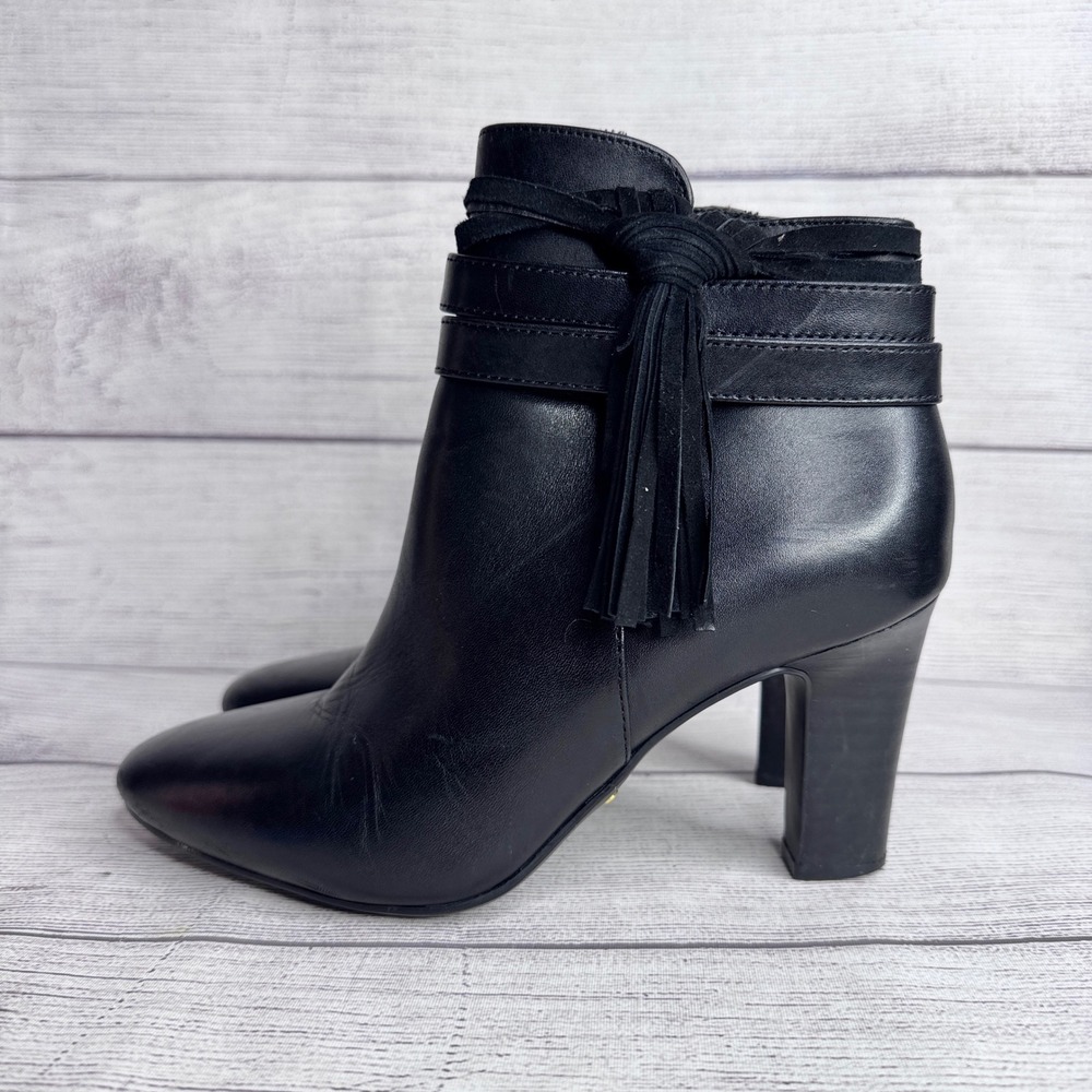 Lauren Ralph Lauren Mens Black Leather Tassel Ankle Boots Block Heel 6B